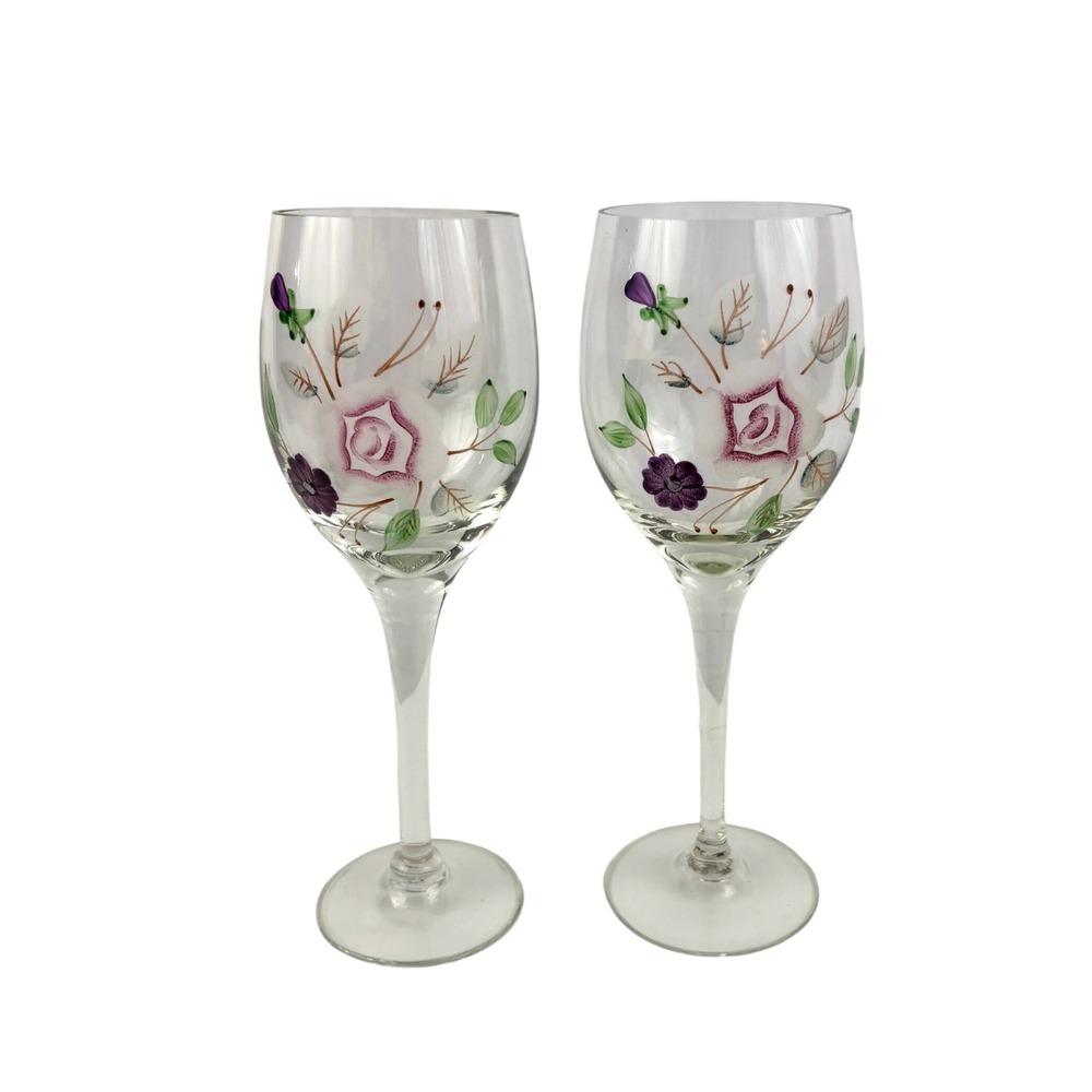 Vintage‎ Hand Painted Floral Wine Glasses Set of 2 Purple Green Enamel Stemware